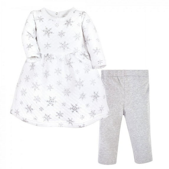 Hudson Baby Infant Girl Quilted Cotton Dress and Leggings, Silver Snowflakes, 3-6 Months