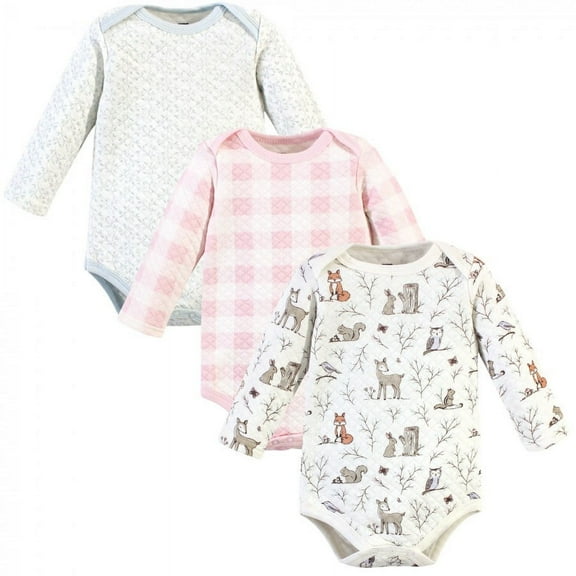 Hudson Baby Infant Girl Quilted Long-Sleeve Cotton Bodysuits 3pk, Enchanted Forest, 18-24 Months
