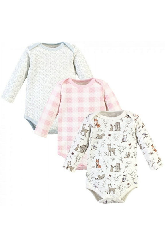Infant Girl Quilted Long-Sleeve Cotton Bodysuits 3pk, Enchanted Forest, 18-24 Months