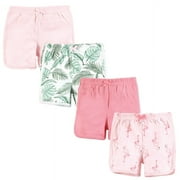 Hudson Baby Infant Girl Shorts Bottoms 4-Pack, Palm Flamingo, 0-3 Months