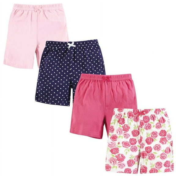 Hudson Baby Infant Girl Shorts Bottoms 4-Pack, Pink Roses, 6-9 Months