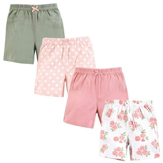 Hudson Baby Infant Girl Shorts Bottoms 4-Pack, Soft Pink Roses, 12-18 Months