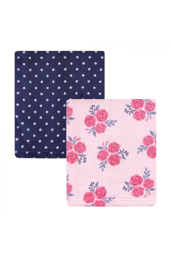 Infant Girl Silky Plush Blanket, Pink Navy Roses, 30x36 inches