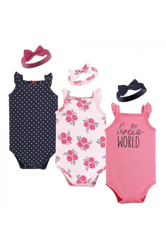 Infant Girl Sleeveless Bodysuit and Headband Set, Pink Navy Roses, 6-9 Months