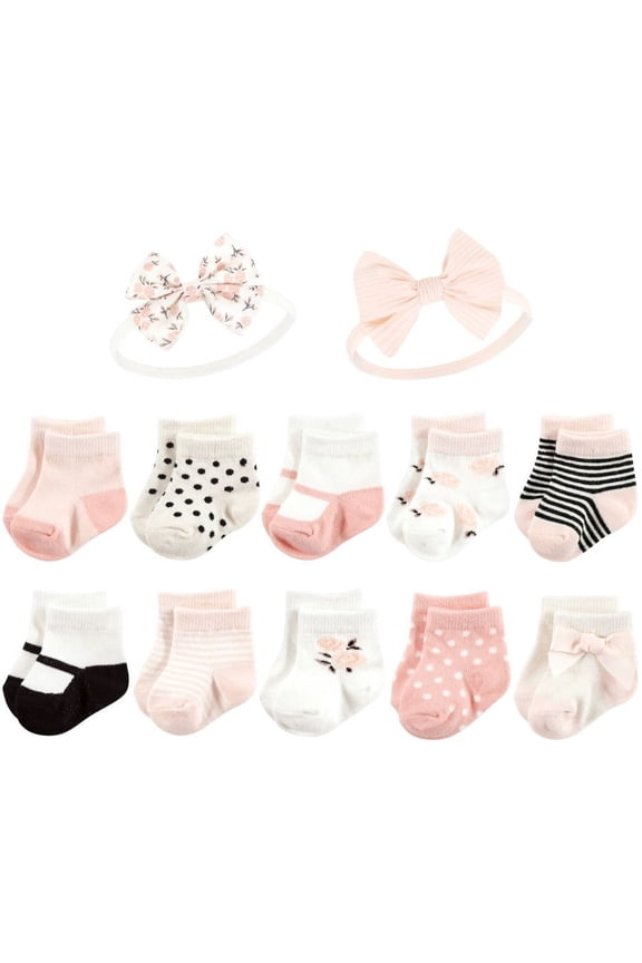 Infant Girl Sock and Headband 12pc Set, Soft Pink Roses, 0-9 Months