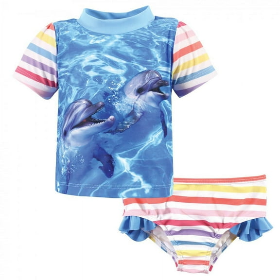 Hudson Baby Infant Girl Swim Rashguard Set, Girl Dolphin, 3-6 Months