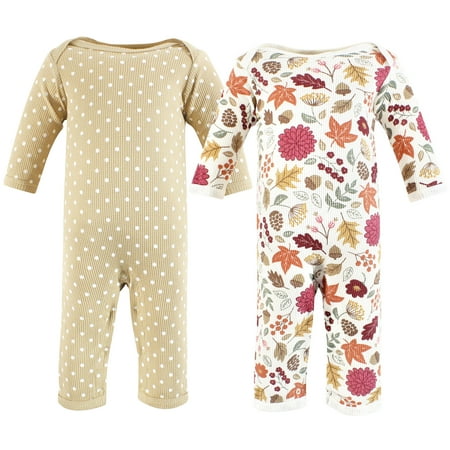 Hudson Baby Infant Girl Thermal Coveralls 2pk, Acorn Botanical, 0-3 Months