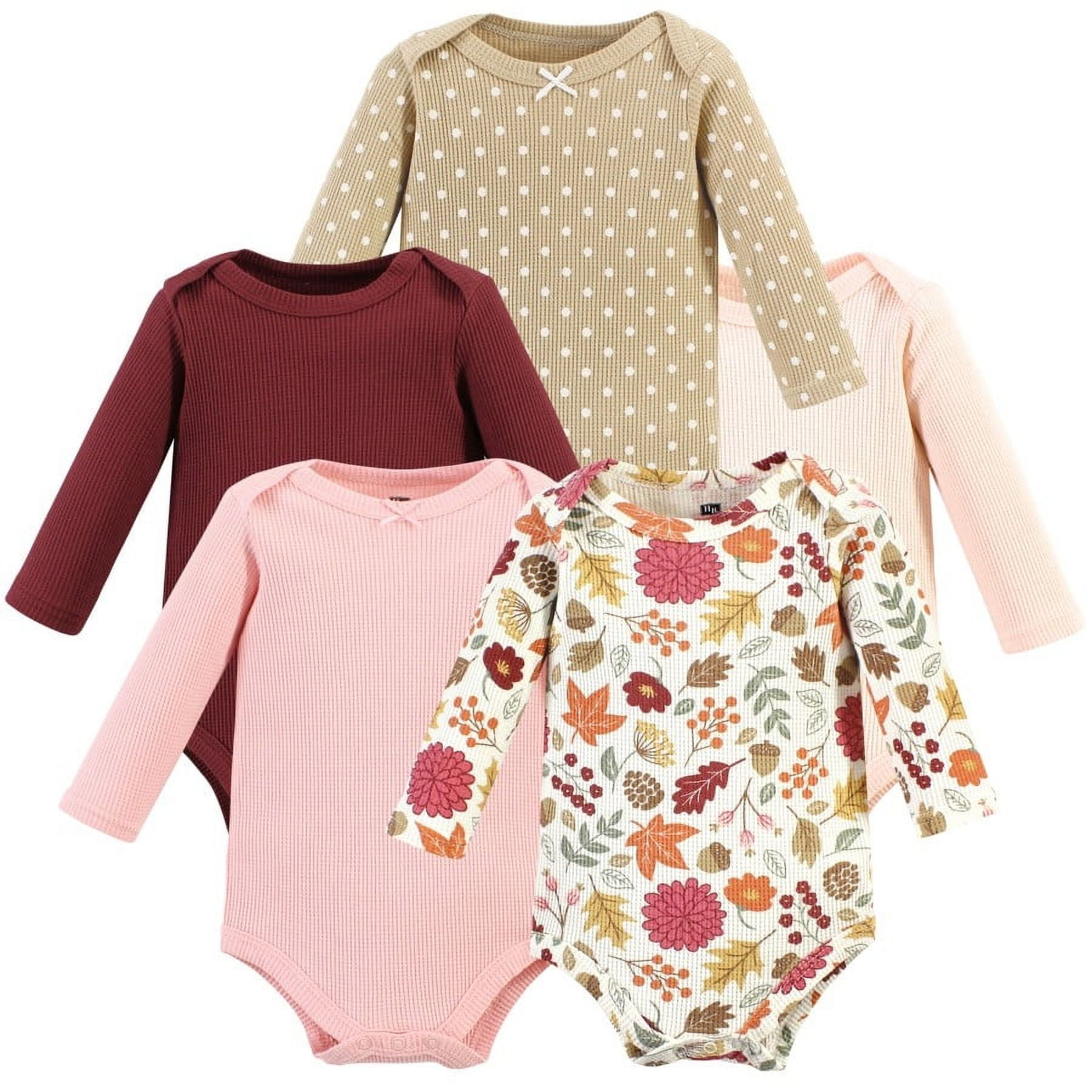 Hudson Baby Infant Girl Thermal Long Sleeve Bodysuits, Acorn Botanical, 3-6 Months