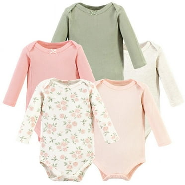 Hudson Baby Infant Girl Thermal Long Sleeve Bodysuits, Soft Pink Sage Rose, Newborn