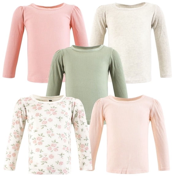 Hudson Baby Infant Girl Thermal Long Sleeve Tees 5pk, Soft Pink Sage Rose, 6-12 Months