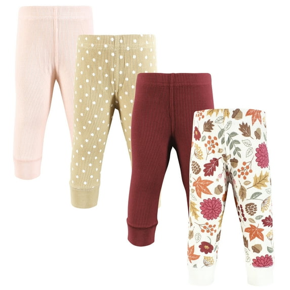 Hudson Baby Infant Girl Thermal Tapered Ankle Pants 4pk, Acorn Botanical, 0-3 Months