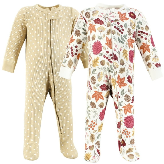 Hudson Baby Infant Girl Thermal Zipper Sleep and Play 2pk, Acorn Botanical, 0-3 Months