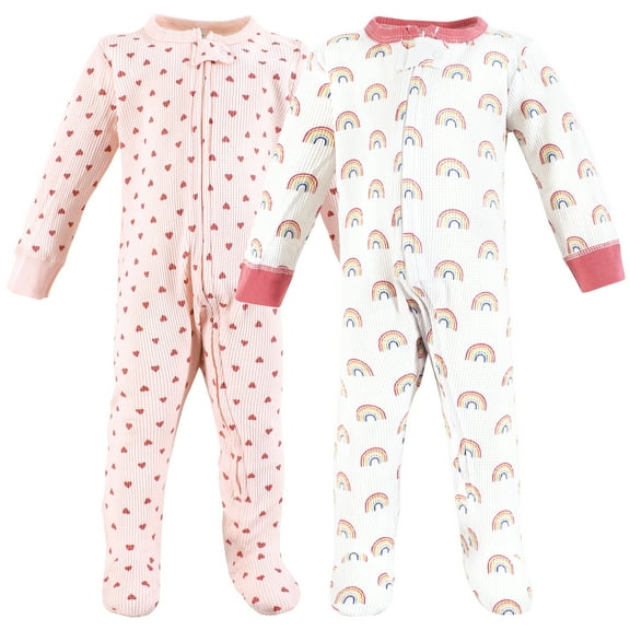 Hudson Baby Infant Girl Thermal Zipper Sleep and Play 2pk, Creative Rainbows, Newborn