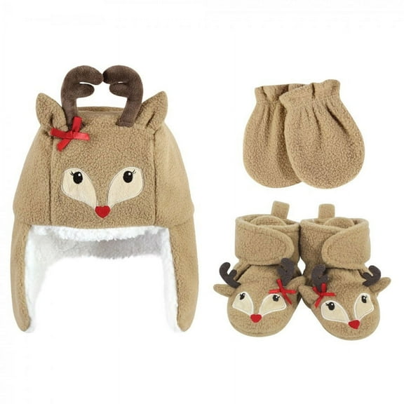 Hudson Baby Infant Girl Trapper Hat, Mitten and Bootie Set, Girl Reindeer, 0-6 Months