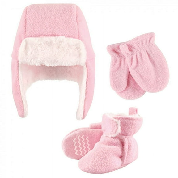 Hudson Baby Infant Girl Trapper Hat, Mitten and Bootie Set, Light Pink, 18-24 Months