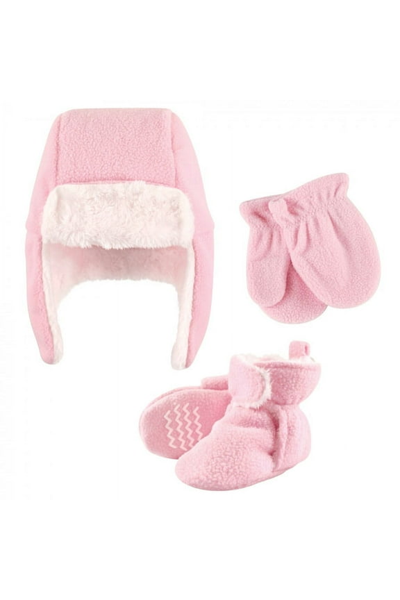 Infant Girl Trapper Hat, Mitten and Bootie Set, Light Pink, 18-24 Months