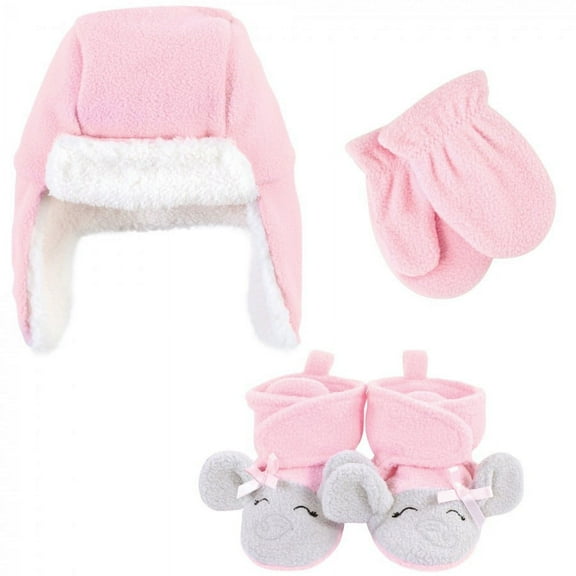 Hudson Baby Infant Girl Trapper Hat, Mitten and Bootie Set, Pink Gray Elephant, 12-18 Months