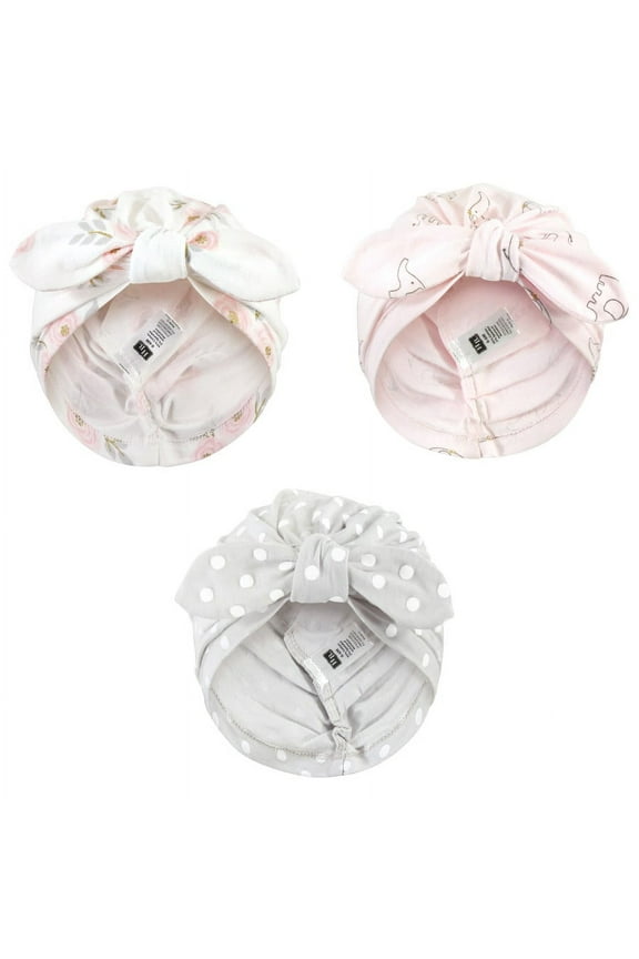 Infant Girl Turban Cotton Headwraps, Pink Gray Elephant, One Size