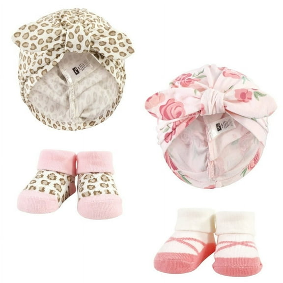 Hudson Baby Infant Girl Turban and Socks Set, Blush Rose Leopard, One Size