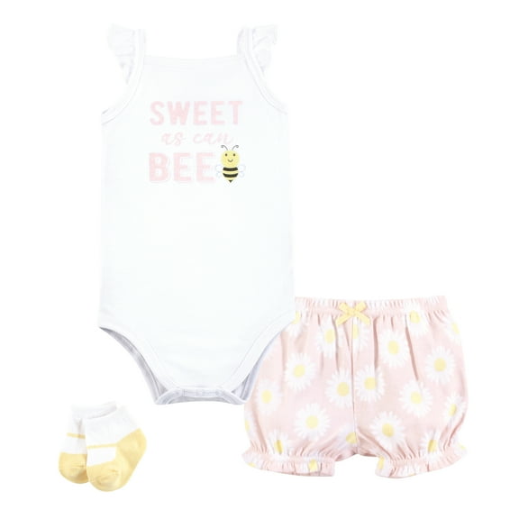 Hudson Baby Infant Girls Bodysuit, Short and Sock, Bee Pink Daisy, 18-24 Months