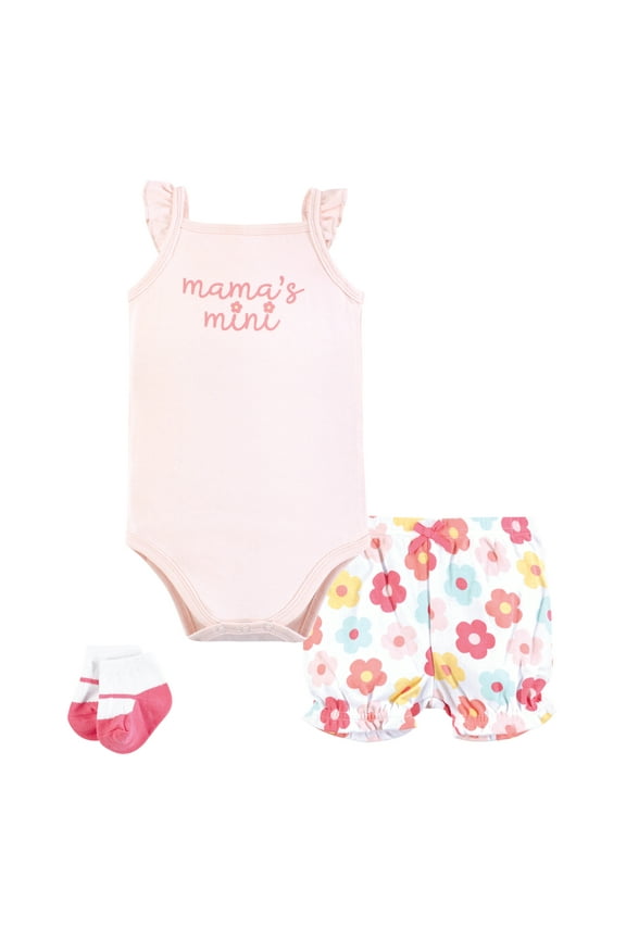 Infant Girls Bodysuit, Short and Sock, Cheerful Flower Mini, 0-3 Months