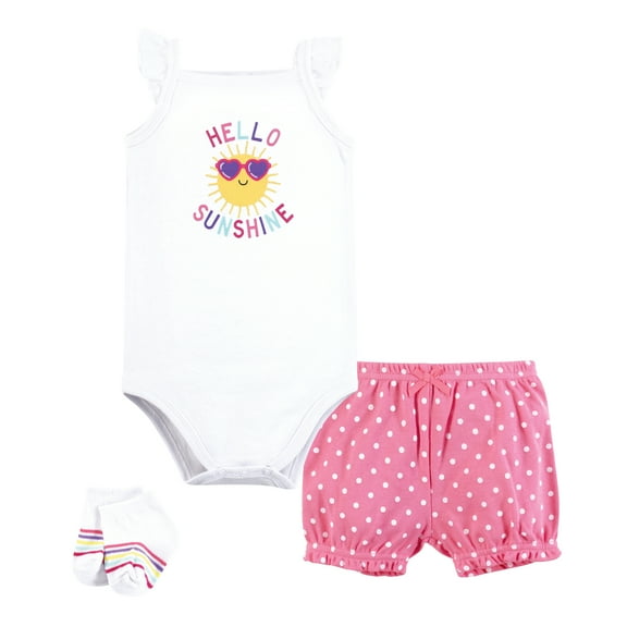 Hudson Baby Infant Girls Bodysuit, Short and Sock, Hello Sunshine Sunglasses, 0-3 Months