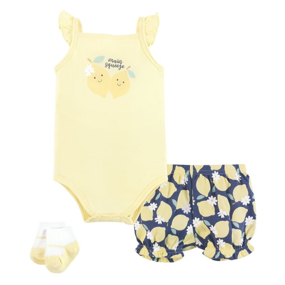 Hudson Baby Infant Girls Bodysuit, Short and Sock, Main Squeeze Lemon, 18-24 Months