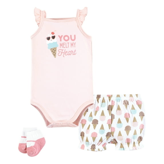 Hudson Baby Infant Girls Bodysuit, Short and Sock, Melt My Heart Ice Cream, 12-18 Months