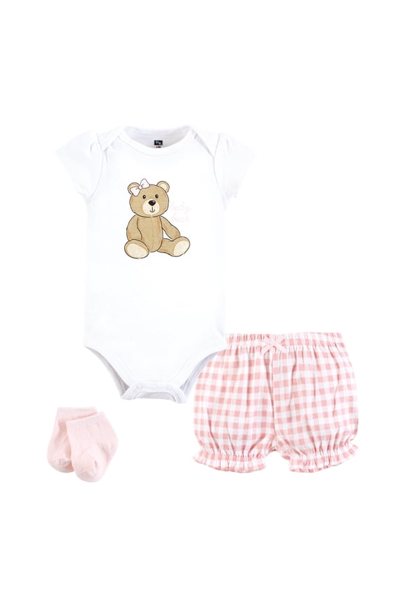 Infant Girls Bodysuit, Short and Sock, Pink Teddy Bear, 12-18 Months