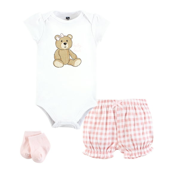 Hudson Baby Infant Girls Bodysuit, Short and Sock, Pink Teddy Bear, 18-24 Months