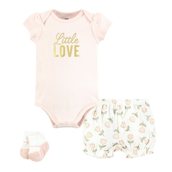 Hudson Baby Infant Girls Bodysuit, Short and Sock, Soft Pink Basic Tulip, 12-18 Months