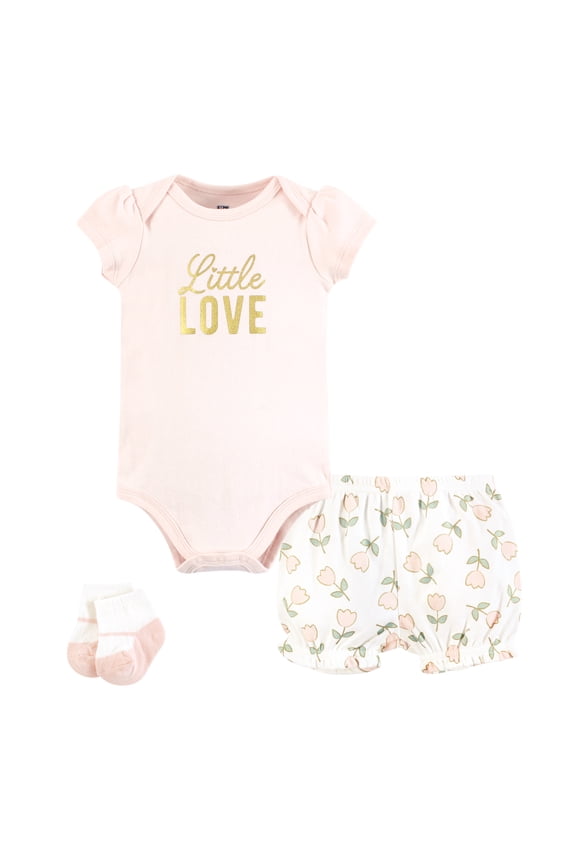 Infant Girls Bodysuit, Short and Sock, Soft Pink Basic Tulip, 18-24 Months