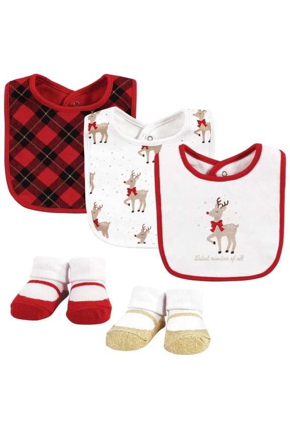Infant Girls Cotton Bib and Sock Set, Fancy Rudolph, One Size