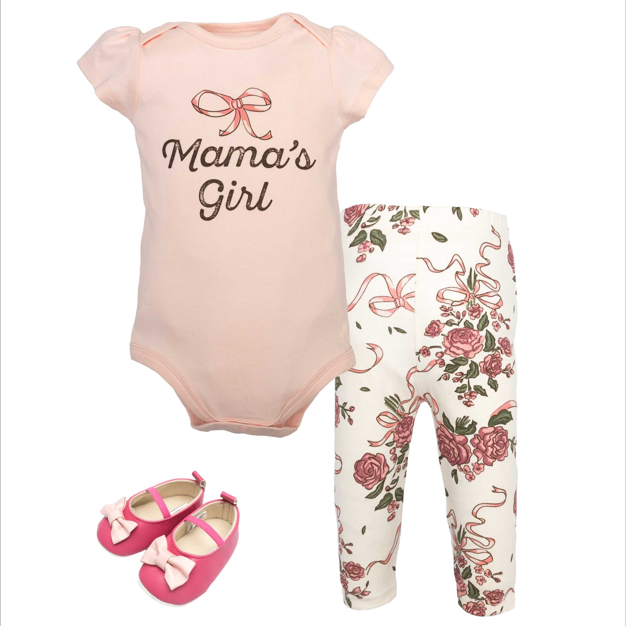Hudson Baby Infant Girls Cotton Bodysuit, Pant and Shoe Set, Floral Bow, 3-6 Months