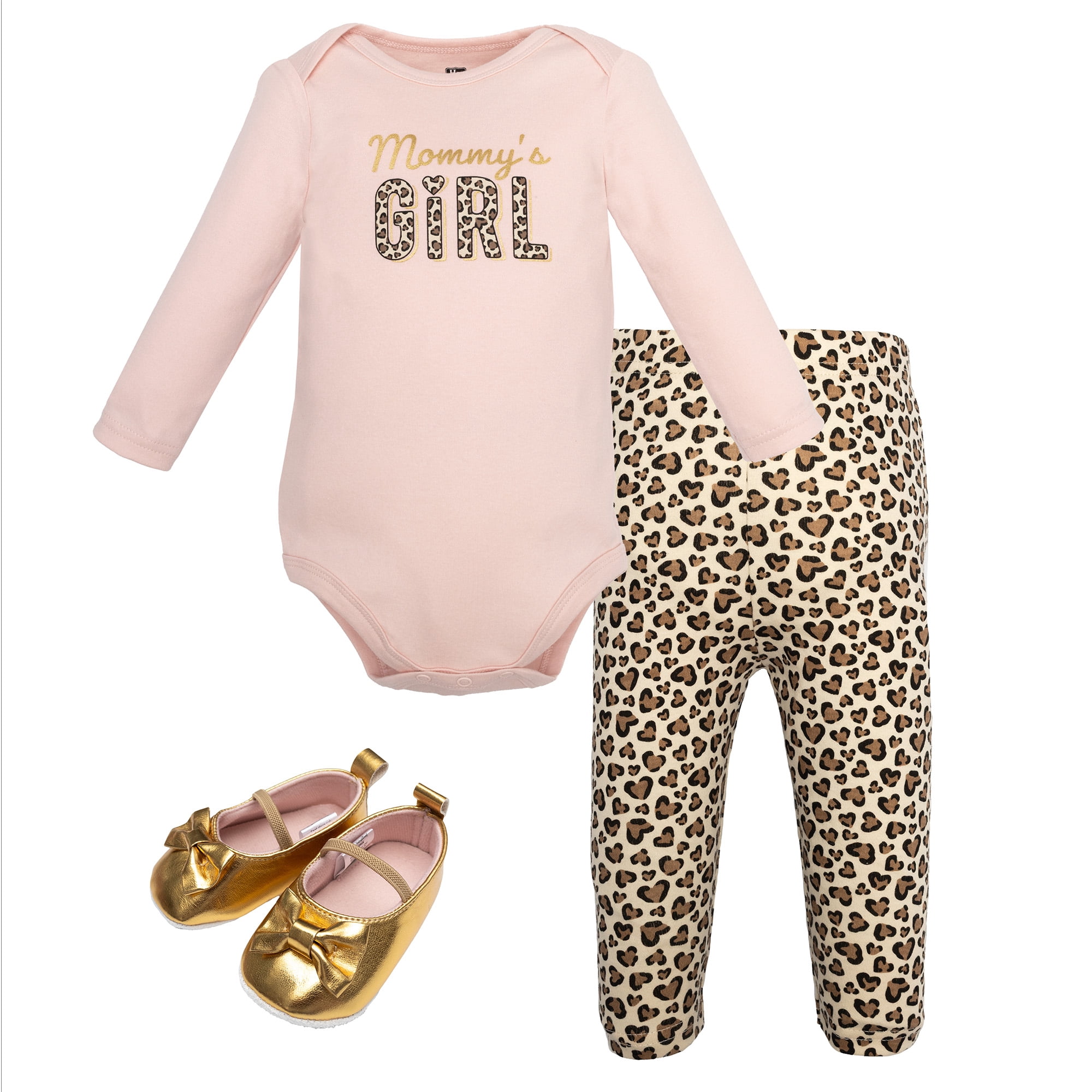 Hudson Baby Infant Girls Cotton Bodysuit, Pant and Shoe Set, Leopard Hearts Girls, 6-9 Months