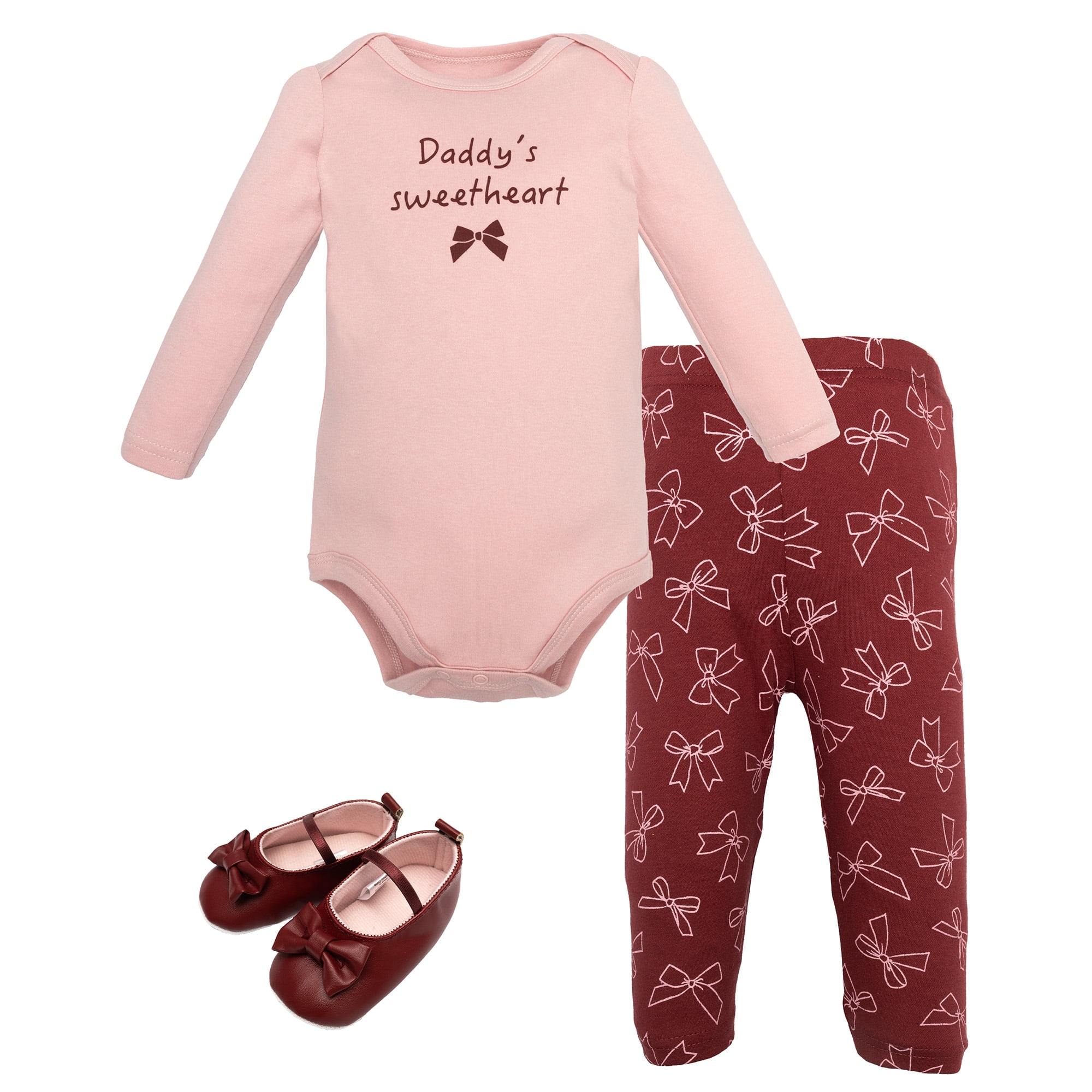 Hudson Baby Infant Girls Cotton Bodysuit, Pant and Shoe Set, Sweetheart Bows, 0-3 Months