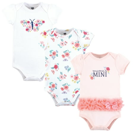 Hudson Baby Infant Girls Cotton Bodysuits 3-Pack, Butterfly Floral Tutu, 0-3 Months