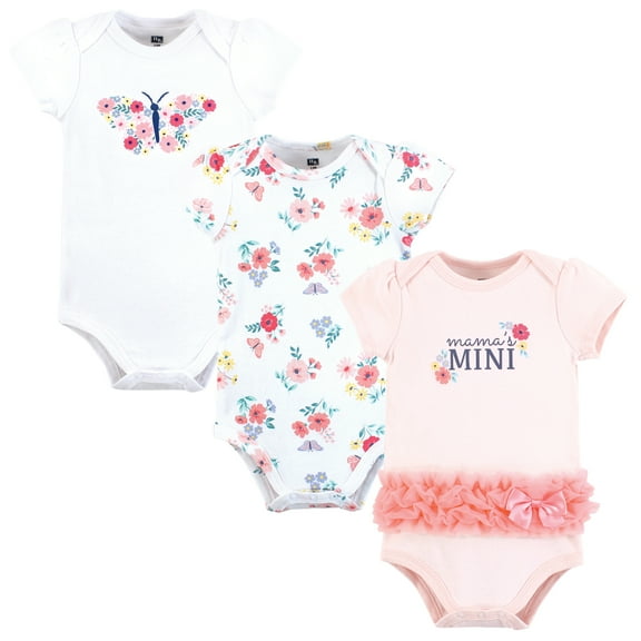 Hudson Baby Infant Girls Cotton Bodysuits 3-Pack, Butterfly Floral Tutu, 0-3 Months