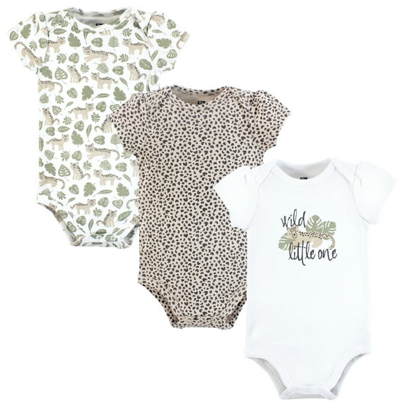 Hudson Baby Infant Girls Cotton Bodysuits 3-Pack, Wild Cheetah, 0-3 Months
