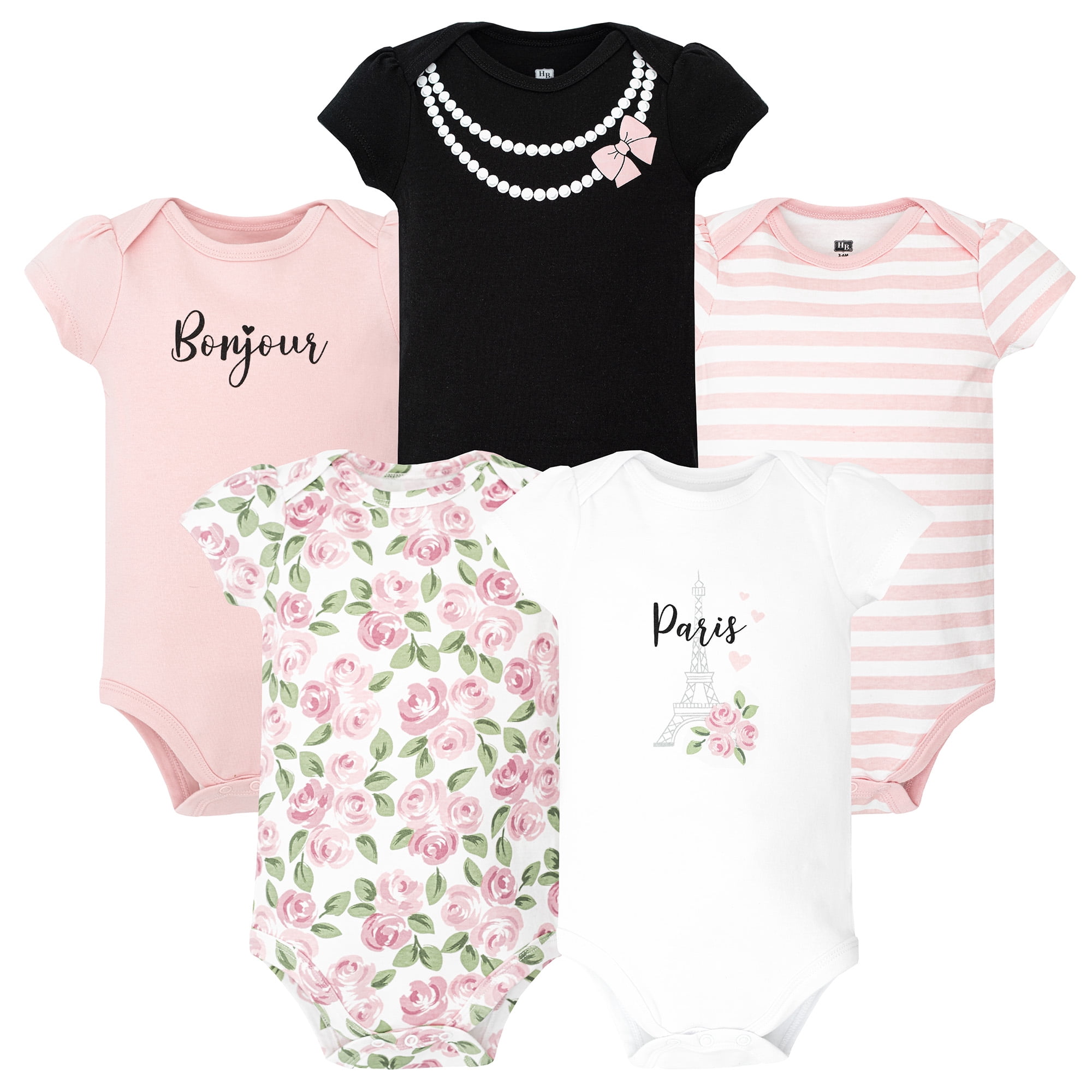 Hudson Baby Infant Girls Cotton Bodysuits 5-Pack, Bonjour Paris, Preemie