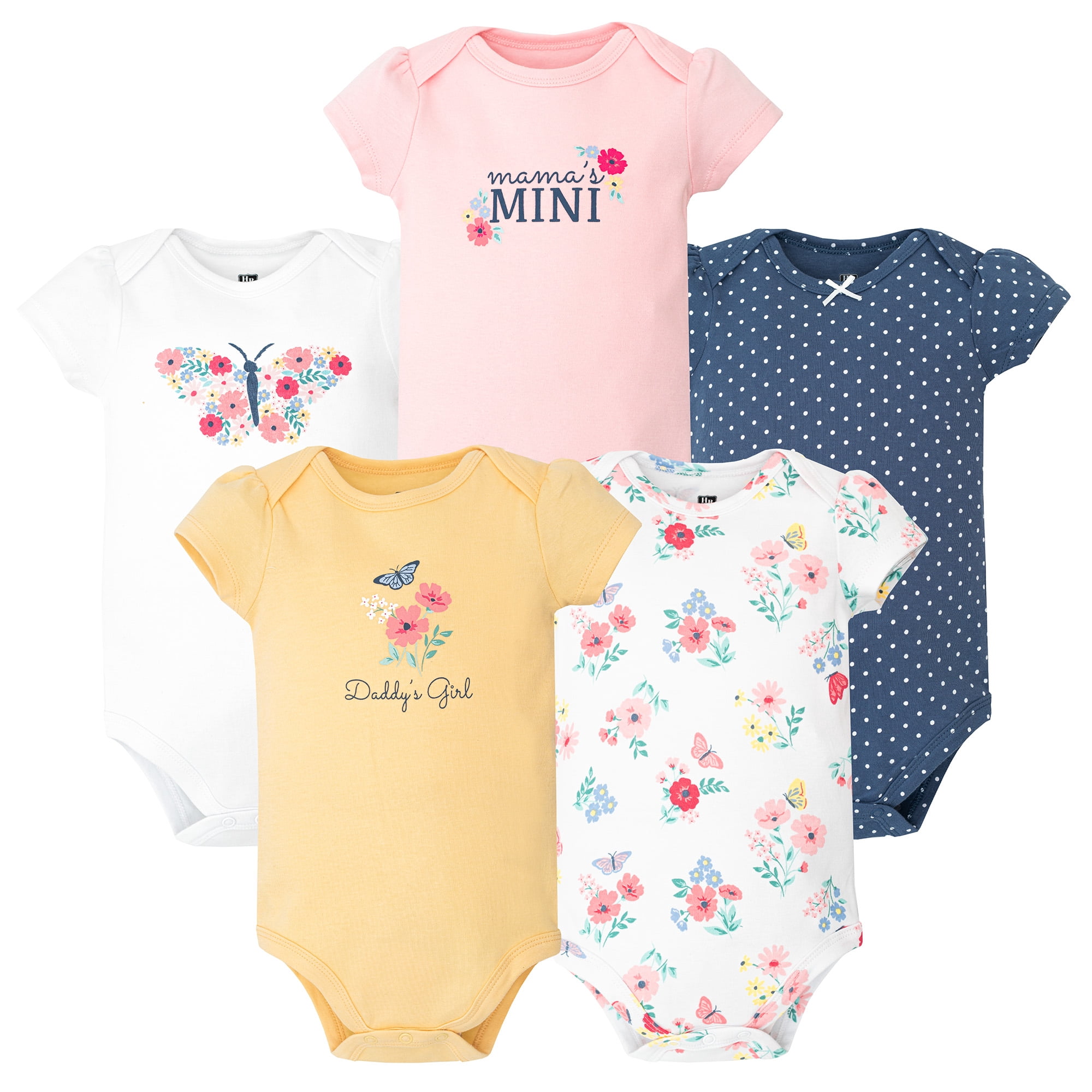 Hudson Baby Infant Girls Cotton Bodysuits 5-Pack, Butterfly Floral, Newborn