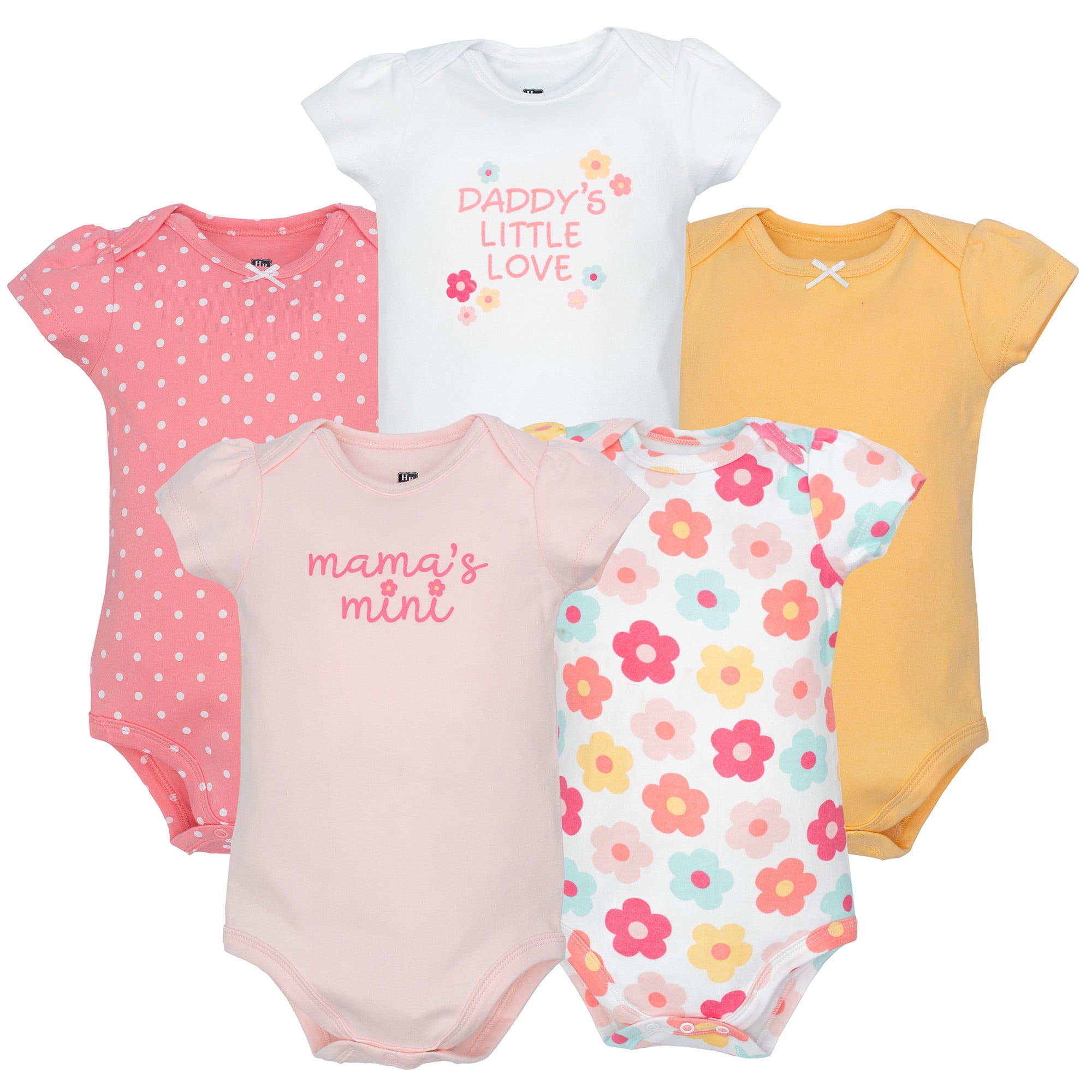 Hudson Baby Infant Girls Cotton Bodysuits 5-Pack, Cheerful Floral Mini, 9-12 Months
