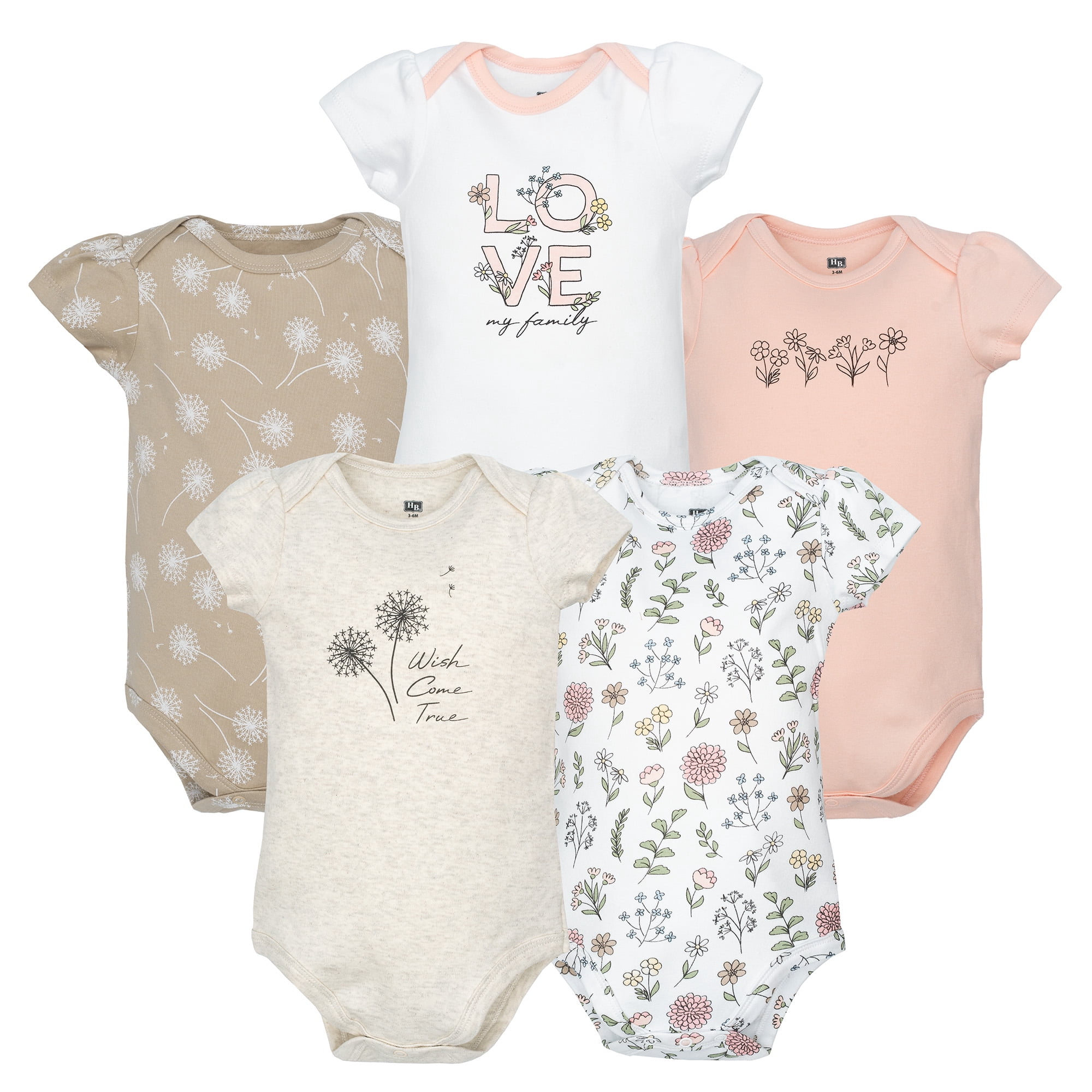 Hudson Baby Infant Girls Cotton Bodysuits 5-Pack, Dandelion Wish, Newborn