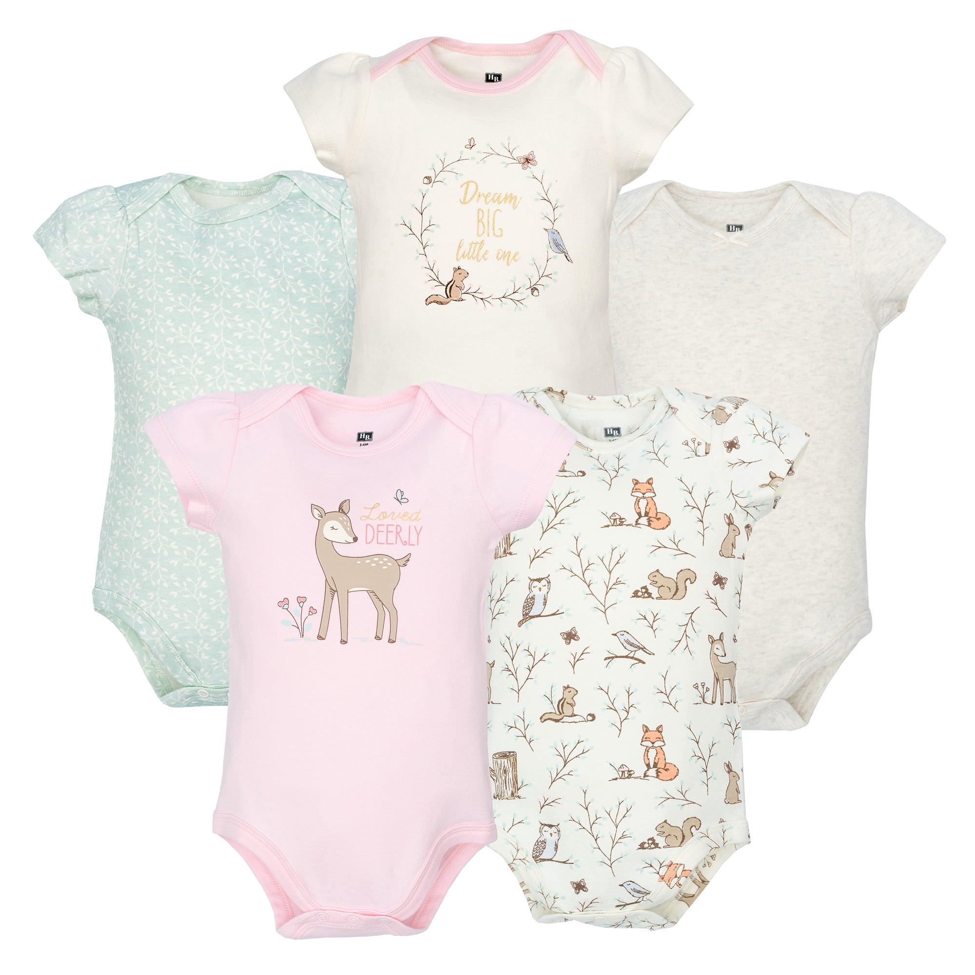 Hudson Baby Infant Girls Cotton Bodysuits 5-Pack, Enchanted Forest, 3-6 Months