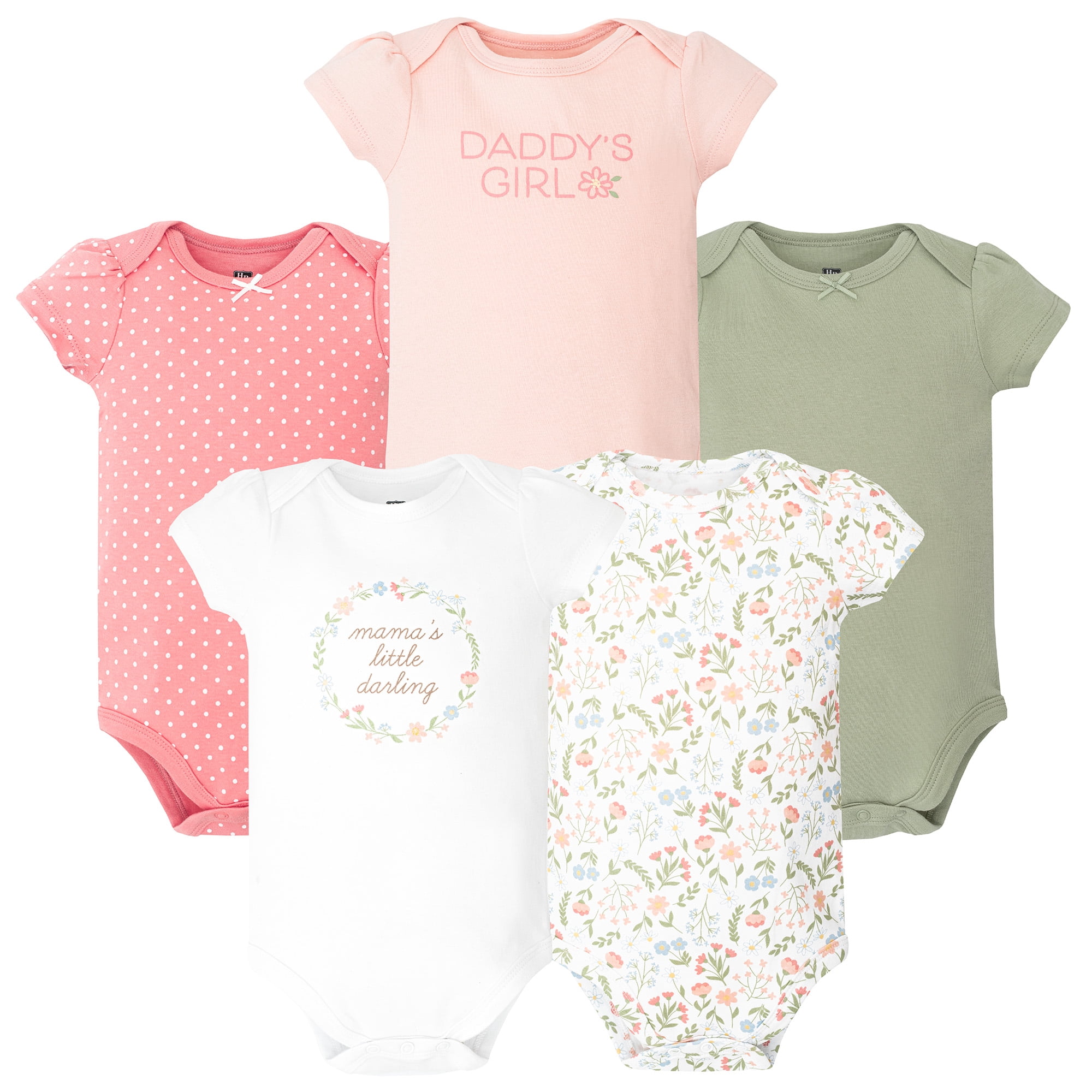 Hudson Baby Infant Girls Cotton Bodysuits 5-Pack, Pastel Wildflower, 3-6 Months