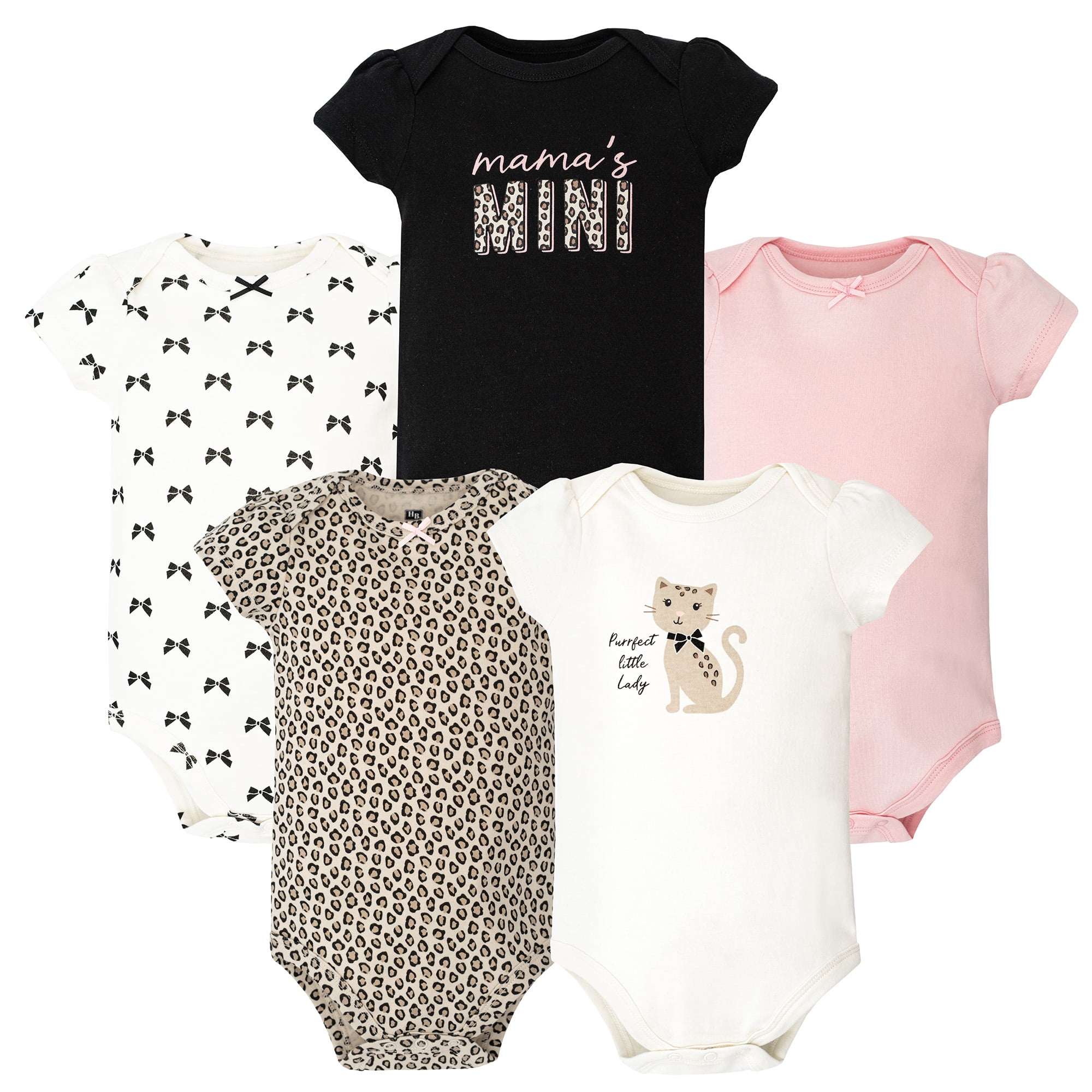 Hudson Baby Infant Girls Cotton Bodysuits 5-Pack, Purrfect, Preemie
