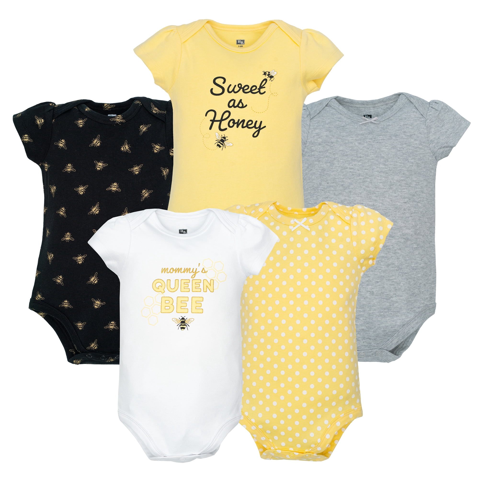 Hudson Baby Infant Girls Cotton Bodysuits 5-Pack, Queen Bee, 6-9 Months