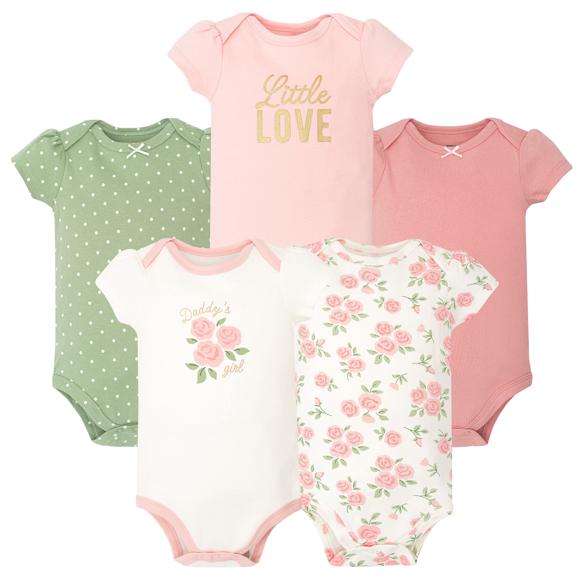 Hudson Baby Infant Girls Cotton Bodysuits 5-Pack, Soft Pink Sage Rose, 0-3 Months