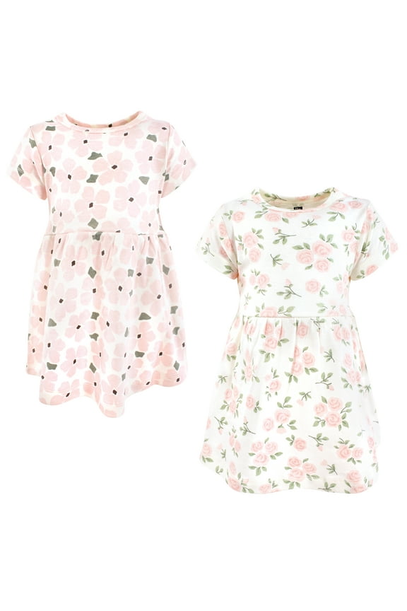 Infant Girls Cotton Dresses, Soft Pink Sage Rose, 0-3 Months