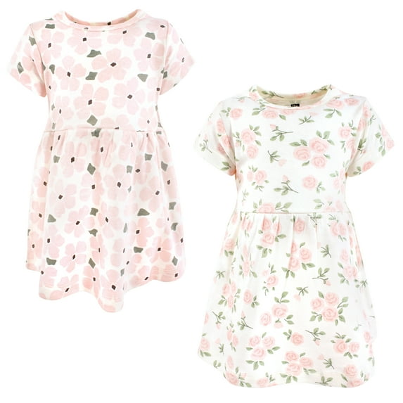 Hudson Baby Infant Girls Cotton Dresses, Soft Pink Sage Rose, 4T